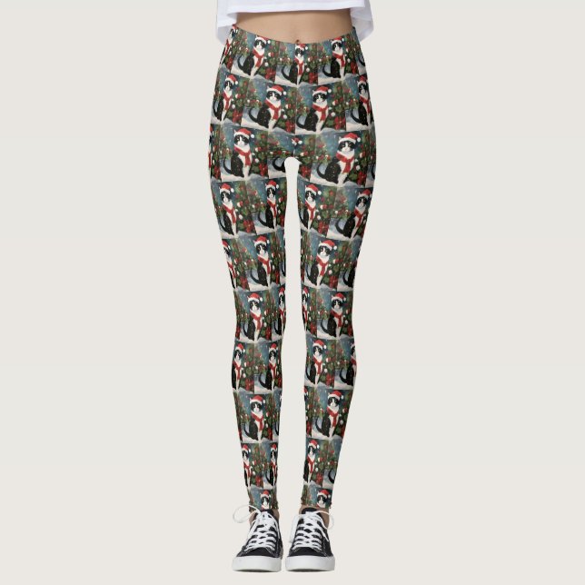 Tuxedo Cat in Snow Christmas Leggings (Front)