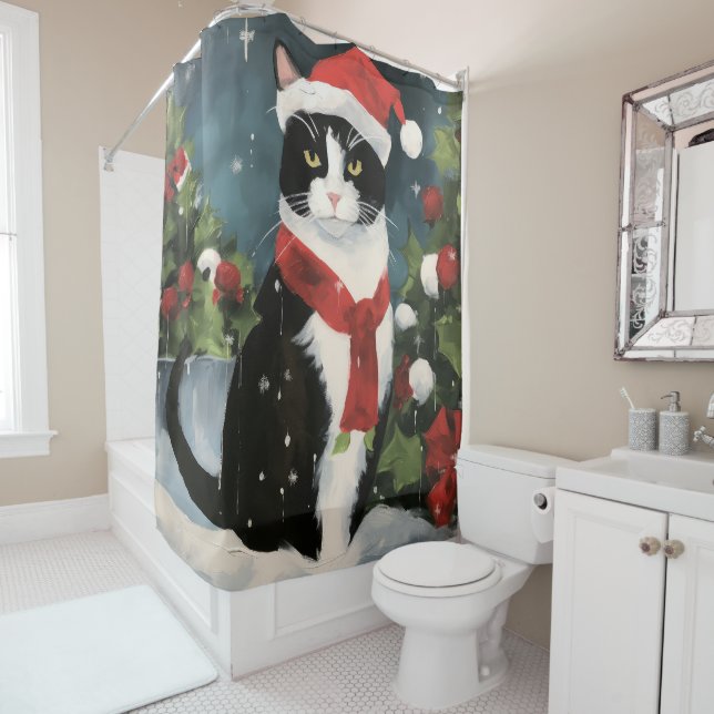 Tuxedo Cat in Snow Christmas Shower Curtain (In Situ)