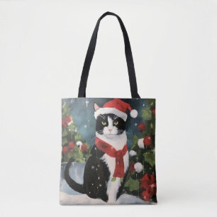 Tuxedo Cat in Snow Christmas Tote Bag