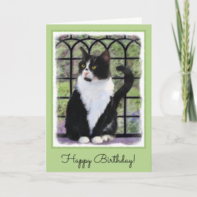 Tuxedo Cat in Window Painting Original Animal Art Card (Front)