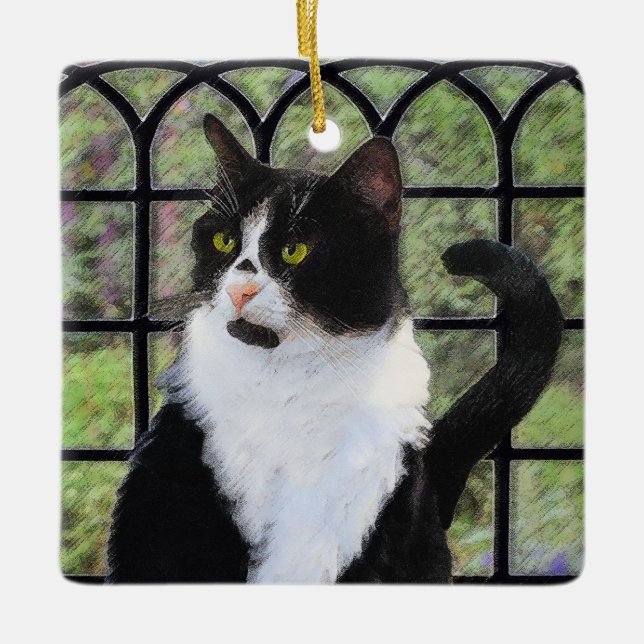 Tuxedo Cat in Window Painting Original Animal Art Ceramic Ornament (Front)