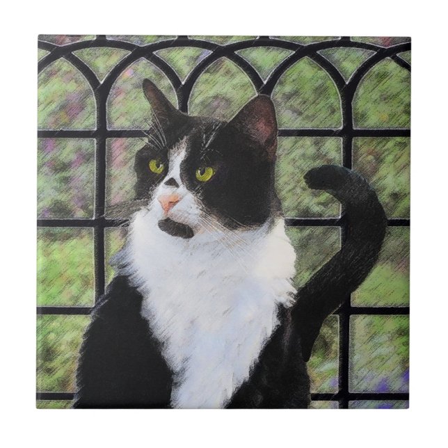 Tuxedo Cat in Window Painting Original Animal Art Ceramic Tile (Front)