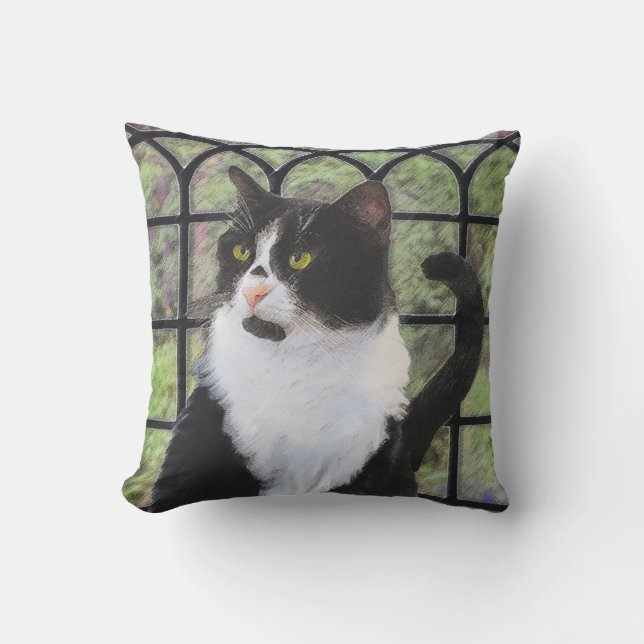 Tuxedo Cat in Window Painting Original Animal Art Cushion (Front)