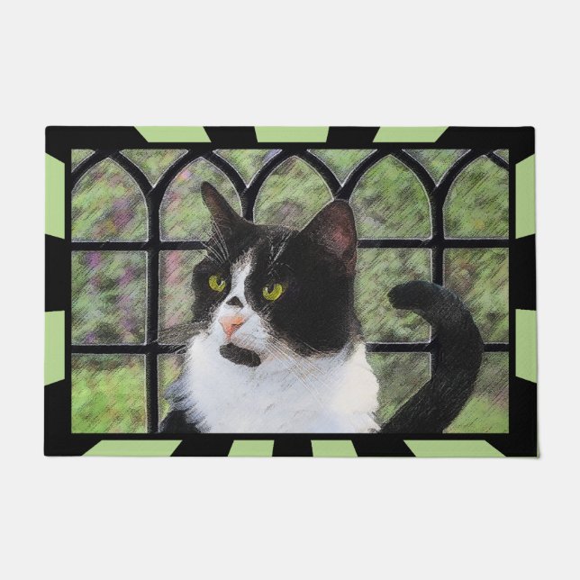 Tuxedo Cat in Window Painting Original Animal Art Doormat (Front)