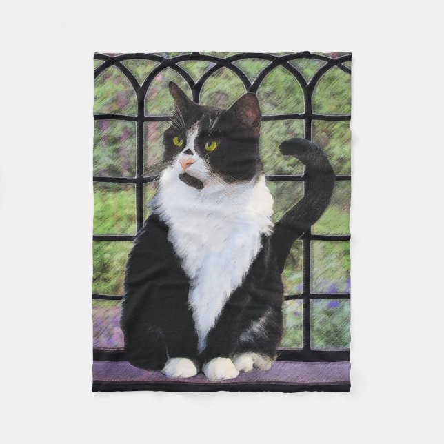 Tuxedo Cat in Window Painting Original Animal Art Fleece Blanket (Front)