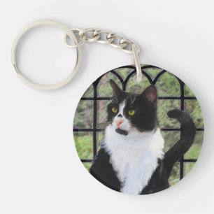 Tuxedo Cat in Window Painting Original Animal Art Key Ring