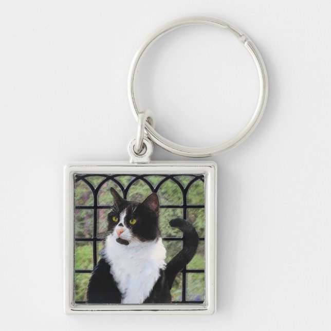Tuxedo Cat in Window Painting Original Animal Art Key Ring (Front)