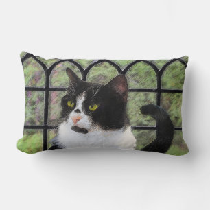 Tuxedo Cat in Window Painting Original Animal Art Lumbar Cushion