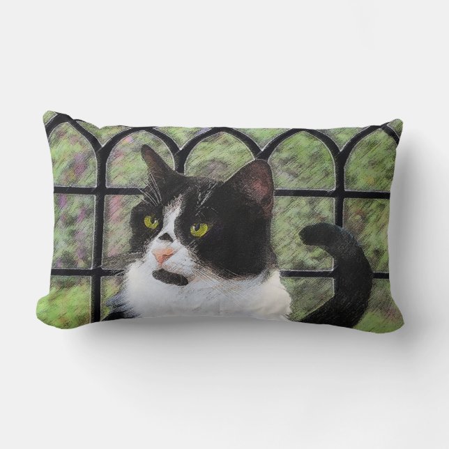 Tuxedo Cat in Window Painting Original Animal Art Lumbar Cushion (Front)