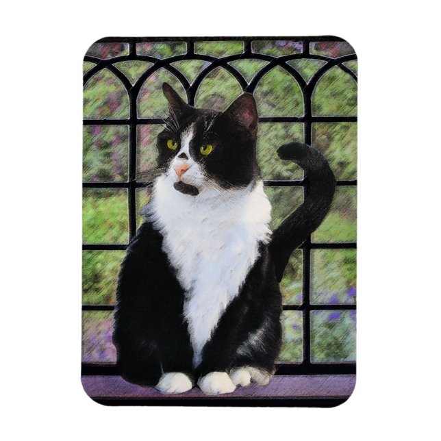 Tuxedo Cat in Window Painting Original Animal Art Magnet (Vertical)