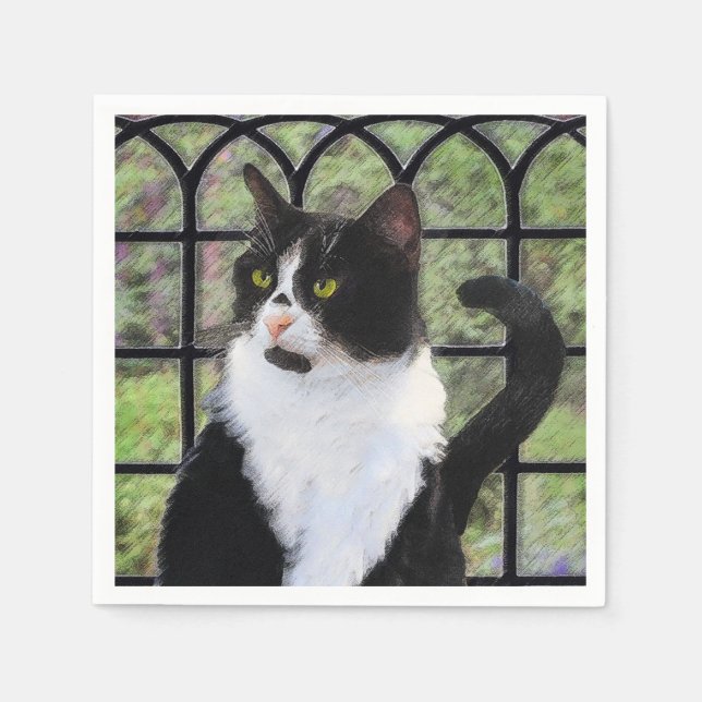Tuxedo Cat in Window Painting Original Animal Art Napkin (Front)