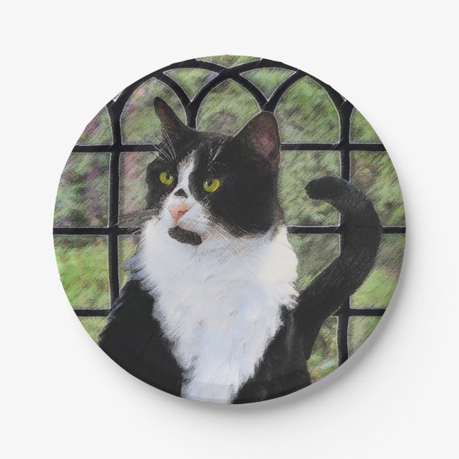 Tuxedo Cat in Window Painting Original Animal Art Paper Plate (Front)