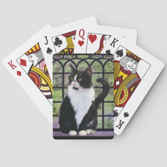 Tuxedo Cat in Window Painting Original Animal Art Playing Cards (Back)