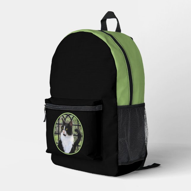 Tuxedo Cat in Window Painting Original Animal Art Printed Backpack (Back Corner Right)