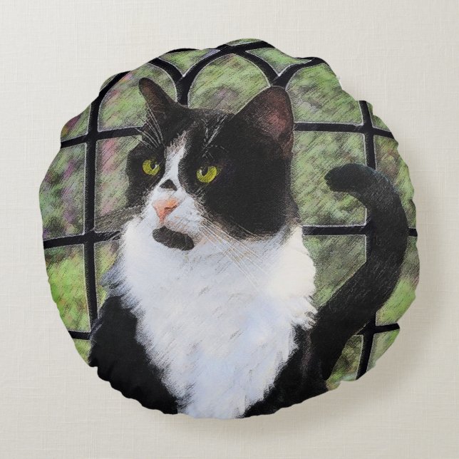 Tuxedo Cat in Window Painting Original Animal Art Round Cushion (Back)