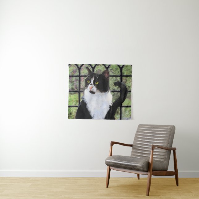 Tuxedo Cat in Window Painting Original Animal Art Tapestry (In Situ (Horizontal))