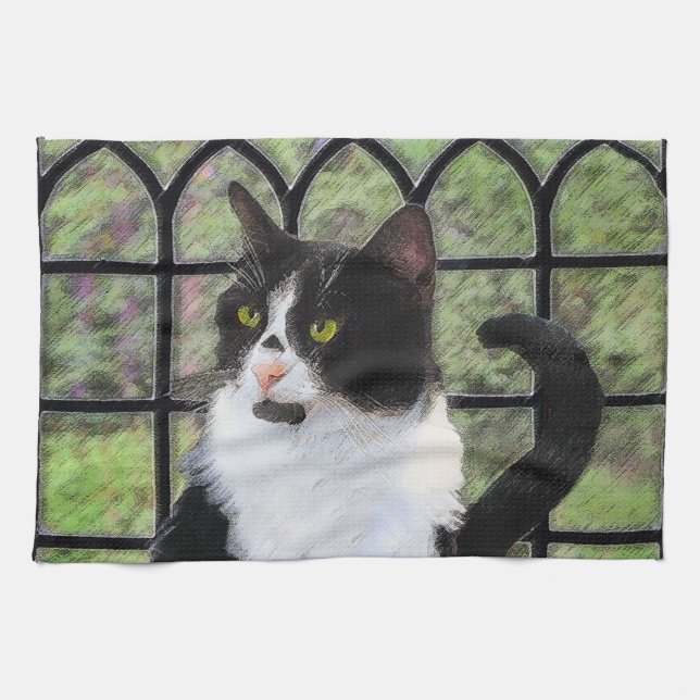 Tuxedo Cat in Window Painting Original Animal Art Tea Towel (Horizontal)