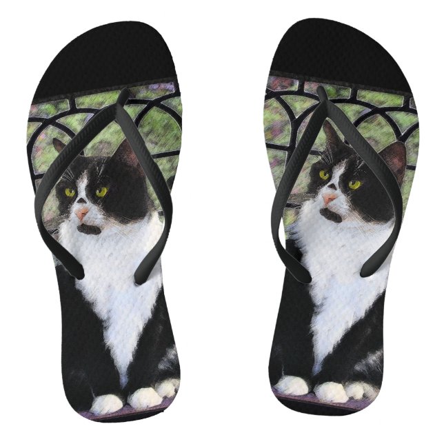 Tuxedo Cat in Window Painting Original Animal Art Thongs (Footbed)