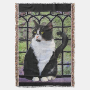 Tuxedo Cat in Window Painting Original Animal Art Throw Blanket