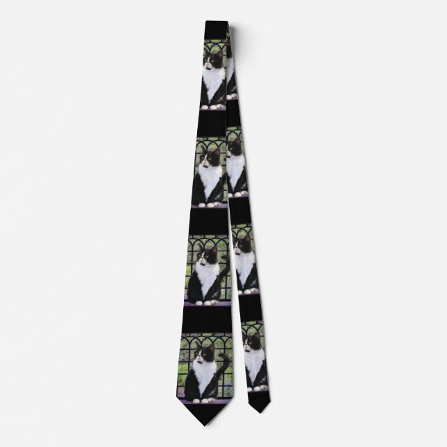 Tuxedo Cat in Window Painting Original Animal Art Tie (Front)