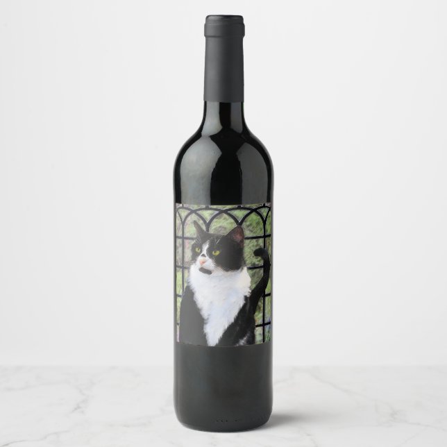 Tuxedo Cat in Window Painting Original Animal Art Wine Label (Front)