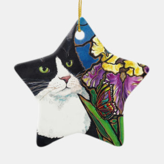 Tuxedo Cat Iris Flower Butterfly Stained Glass Ceramic Tree Decoration