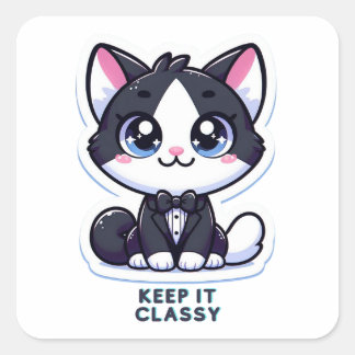 tuxedo cat keep it classy square sticker