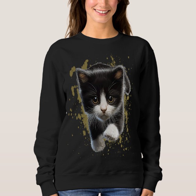 Tuxedo Cat Kitten Black and White Animal Sweatshirt (Front)