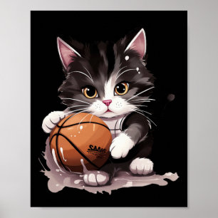 Tuxedo Cat Kitten Playing Sketll Sports Fans  Poster