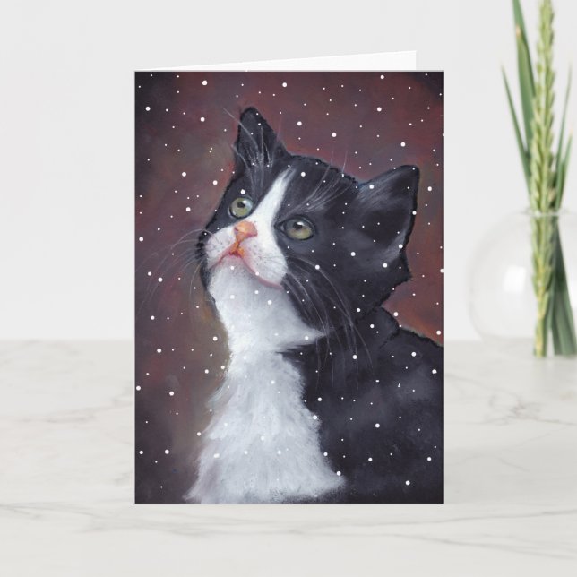 Tuxedo Cat Looking Up At Snowflakes, Art Holiday Card (Front)