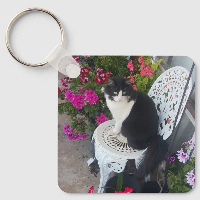 Tuxedo Cat Maroon Dark Pink Cats and Flowers Key Ring (Front)