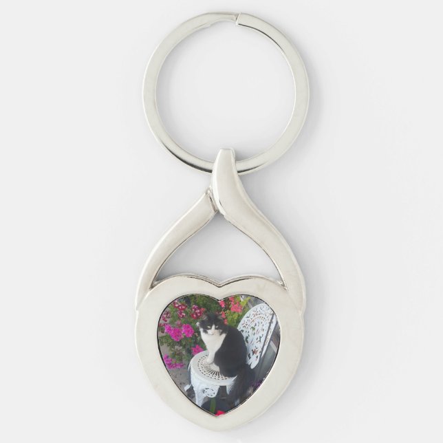 Tuxedo Cat Maroon Dark Pink Cats and Flowers Key Ring (Front)