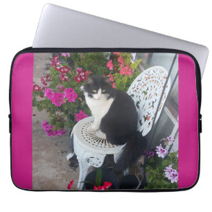 Tuxedo Cat Maroon Dark Pink Cats and Flowers Laptop Sleeve