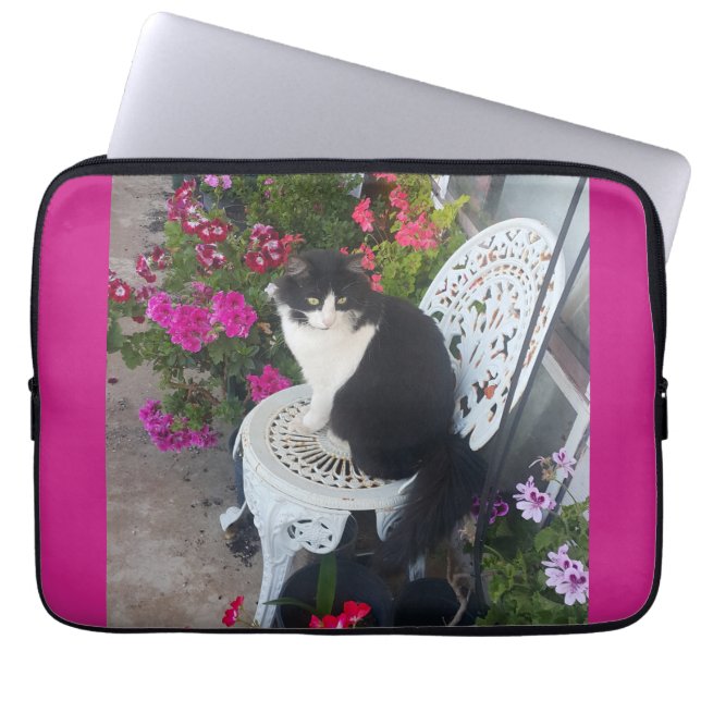 Tuxedo Cat Maroon Dark Pink Cats and Flowers Laptop Sleeve (Front)