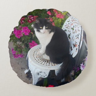 Tuxedo Cat Maroon Dark Pink Cats and Flowers Round Cushion