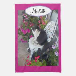Tuxedo Cat Maroon Dark Pink Cats and Flowers Tea Towel