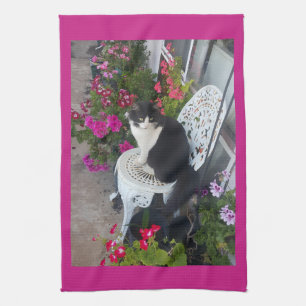 Tuxedo Cat Maroon Dark Pink Cats and Flowers Tea Towel