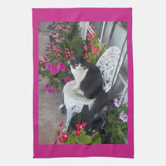 Tuxedo Cat Maroon Dark Pink Cats and Flowers Tea Towel