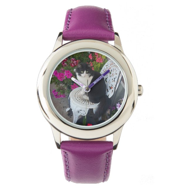 Tuxedo Cat Maroon Dark Pink Cats and Flowers Watch (Front)