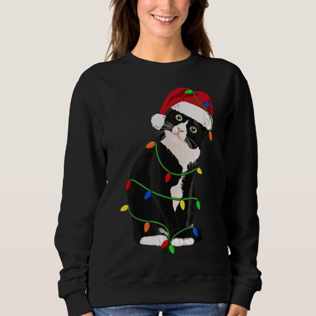 Tuxedo Cat Meow Santa Tuxie Christmas Tree Lights  Sweatshirt (Front)