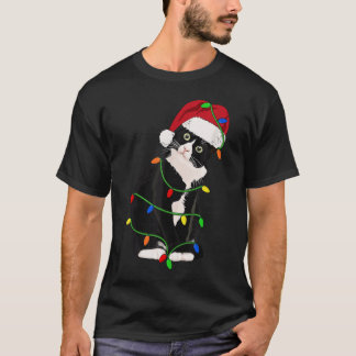 Tuxedo Cat Meow Santa Tuxie Christmas Tree Lights T-Shirt