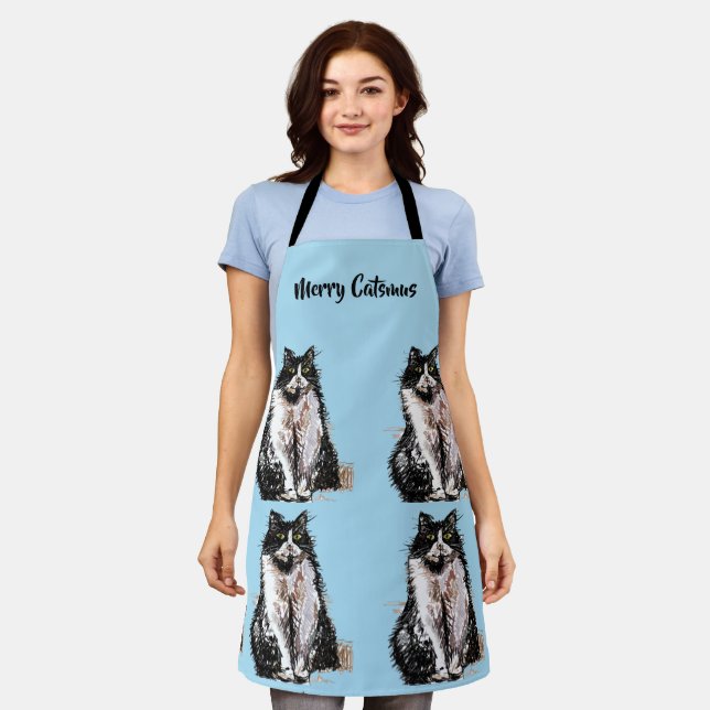 Tuxedo Cat Merry Catsmus Blue Christmas Apron (Worn)