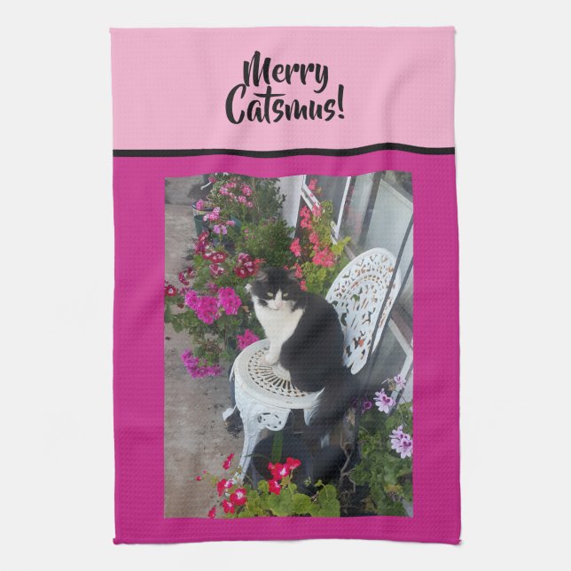 Tuxedo Cat Merry Catsmus Pink Christmas Cats Tea Towel (Vertical)