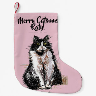 Tuxedo Cat Merry Catsmus pink Christmas Stocking