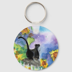 Tuxedo Cat Moon in Sunflowers Key Ring