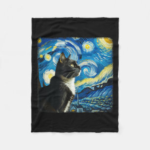 Tuxedo Cat Night Sky Art - Starry Art Style - Fleece Blanket