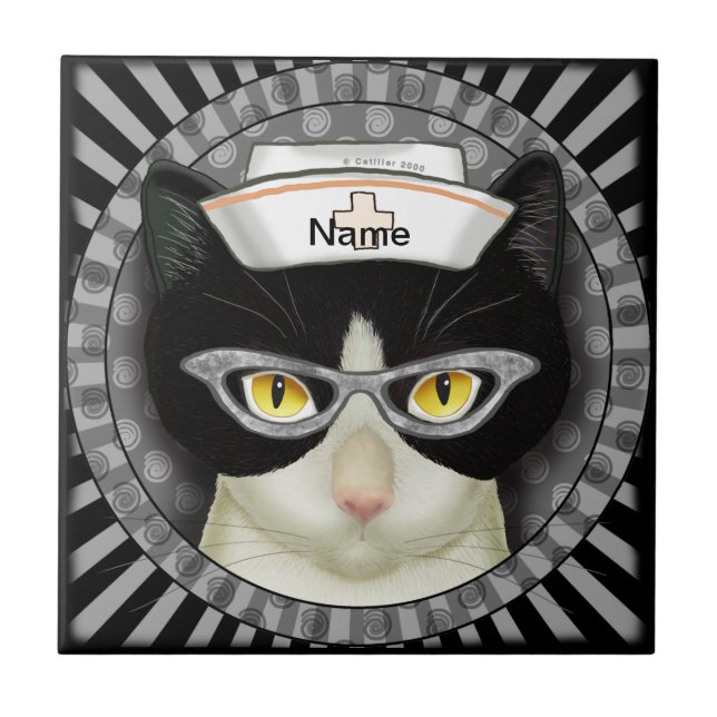 Tuxedo cat nurse  ceramic tile (Front)