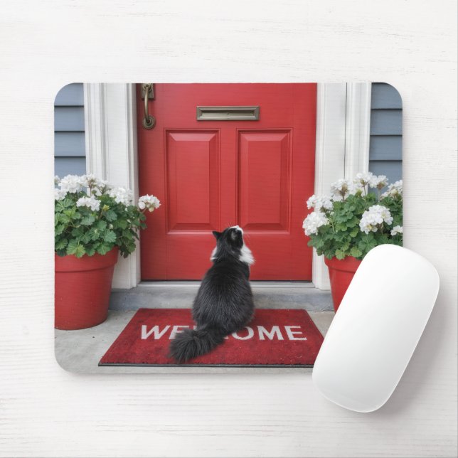 Tuxedo Cat on a Red Welcome Doormat Mouse Pad (With Mouse)