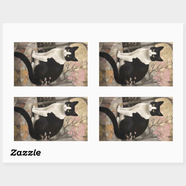 Tuxedo Cat on a Rock Sitting in a Garden Rectangular Sticker (Sheet)