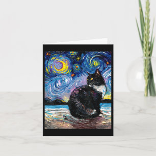Tuxedo Cat On Beach Starry Night Impressionist Art Card
